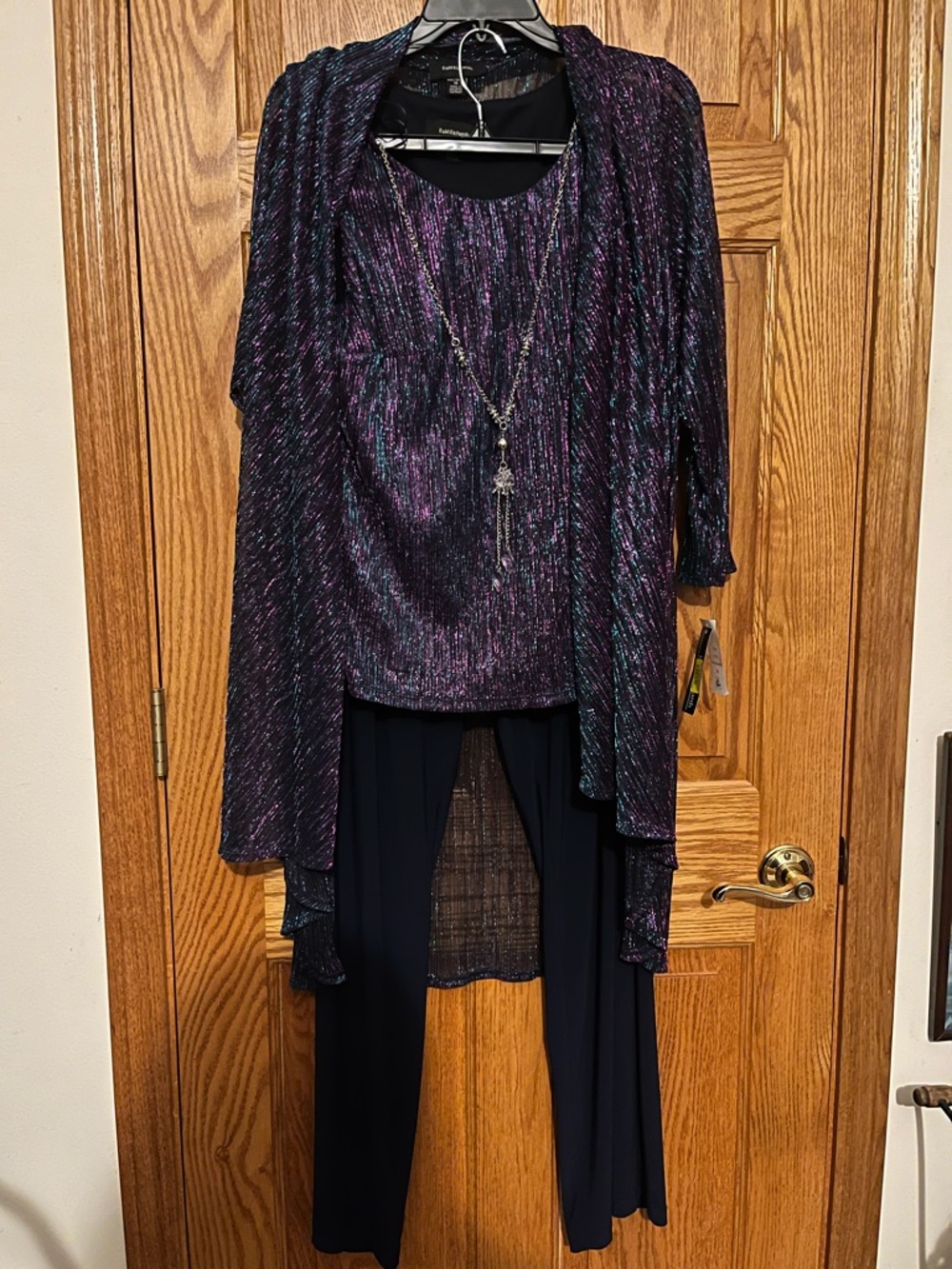 R&M Richards Iridescent Purple & Teal Evening Top with Pants & Necklace Size 14